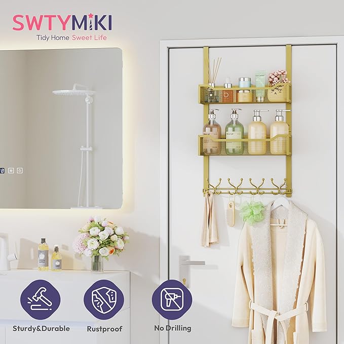 SWTYMIKI Over The Door Hooks Organizer - Multi-Functional Door Hanger with 16 Hooks & 2 Mesh Baskets, Long Coat Rack for Bathroom, Bedroom, Living Room, Home Storage Organizer, Gold