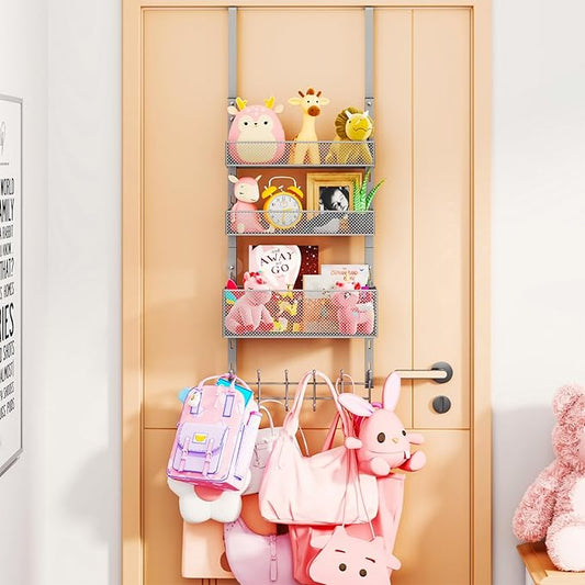 Consumest Over The Door Hooks Organizer - 4 Tier Door Coat Rack with 3 Baskets and 12 Hooks, Stainless Steel Towel Hanger for Bedroom, Bathroom, Living Room, Silver