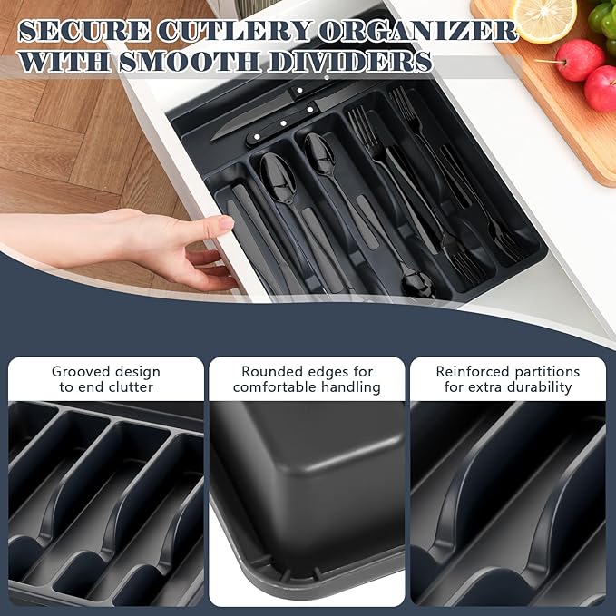 BEWOS 49-Piece Black Silverware Set with Organizer - Stainless Steel Silverware Set for 8 with Steak Knives and Drawer Organizer, Mirror Polished Flatware Set for Home and Restaurant, Dishwasher Safe