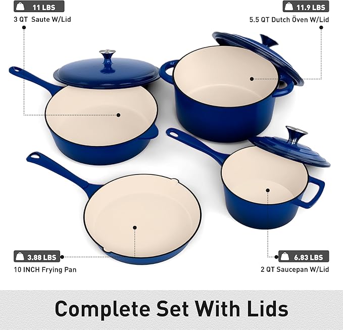 MAISON ARTS 7 Piece Enameled Cast Iron Cookware Set, Induction Dutch Oven Pot with Lid, Blue Non Toxic Pots and Pans set, PFOA-PFOS Free