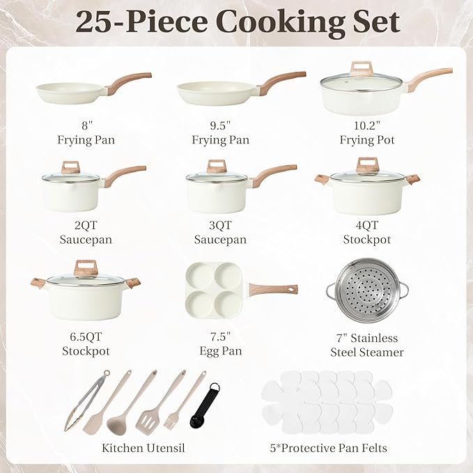 NEWBULIG 25-Piece Nonstick Cookware Set, Granite Pots and Pans with Lids, Induction Compatible Nonstick Cooking Set with Frying Pans & Saucepans, Cream White