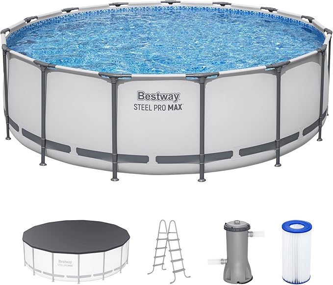 Piscine hors sol Bestway Steel Pro MAX 4,57 m x 1,22 m, ronde avec cadre métallique, pompe de filtration, échelle et couverture, gris
