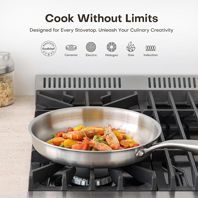 10 Inch Tri-Ply Stainless Steel Frying Pan, Healthy Stainless Steel Cookware, Skillet on Induction, Ceramic and Gas Cooktops, PFOA Free Cooking Pan, Dishwasher Safe, Stay-Cool Handle