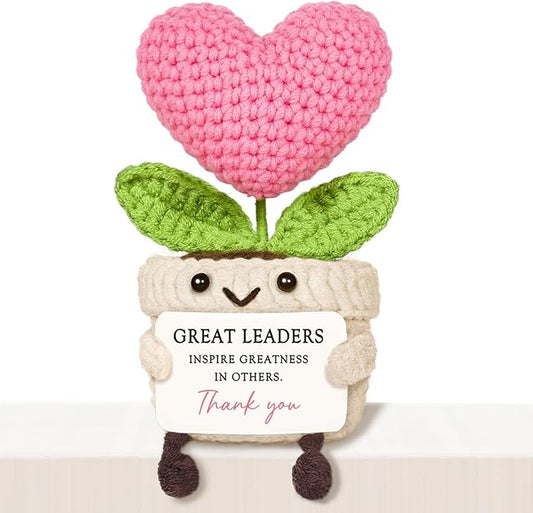 Leader Gifts – Mini Handmade Crochet Pink Heart Flower, Leadership Gifts Thank You Appreciation, Best Boss Gift for Women Boss Lady Promotion Office Desk Decor