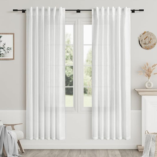 White Semi Sheer Linen Curtains 72 Inch Length for Living Room Back Tab Rod Pocket Modern Farmhouse Coastal Decor White Cotton Textured Gauze Curtains 72 Inches Long for Dining Room Office 42x72