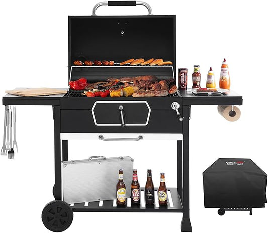 Royal Gourmet CD2030AC Deluxe 30-Inch Charcoal Grill with Cover, Large BBQ Grill with Collapsible Side Tables for Outdoor Picnic Camping Patio Backyard Cooking, Black