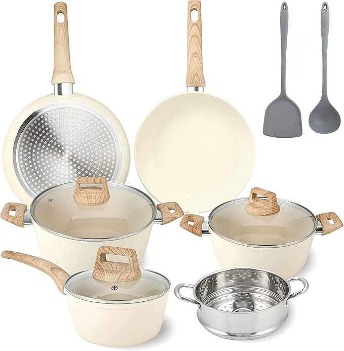 FAB&DELUXE 11Pcs Nonstick Cookware Set, Aluminum Nonstick Pots and Pans with Lids & Wooden Handles, Silicone Spoons & Spatulas, Non-toxic Healthy Kitchen Cooking Sets, PFAS & PFOA Free