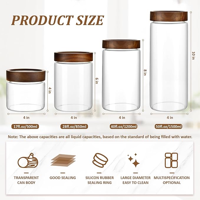 17 oz/500 ml Clear Glass Storage Canister with Airtight Wooden Screw Lid, Small Cute Decorative Glass Container Jar for Coffee,Spice,Candy,Salt,Cookie,Condiment,Pepper,Sugar,Overnight Oatmeal