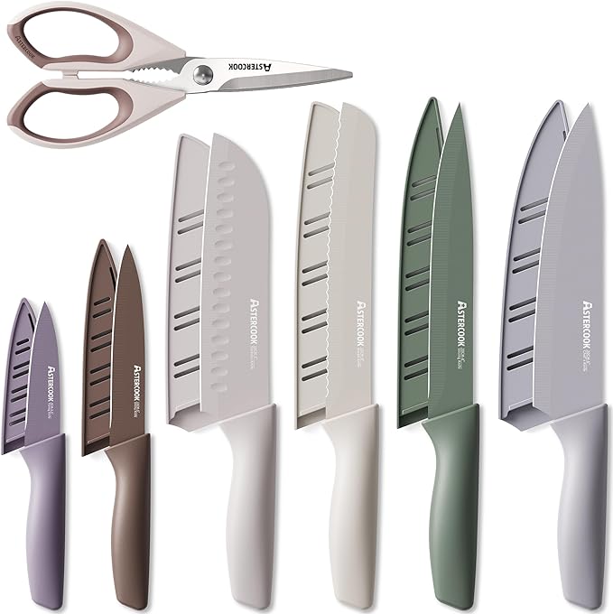 Astercook Knife Set, 13 Pieces Kitchen Knives Set with Healthy Anti-Rust Coating, Dishwasher Safe, Stainless Steel Chef Knife Sets with 6 Blade Guards, Perfect Mothers Day Gifts for Kitchen Morandi