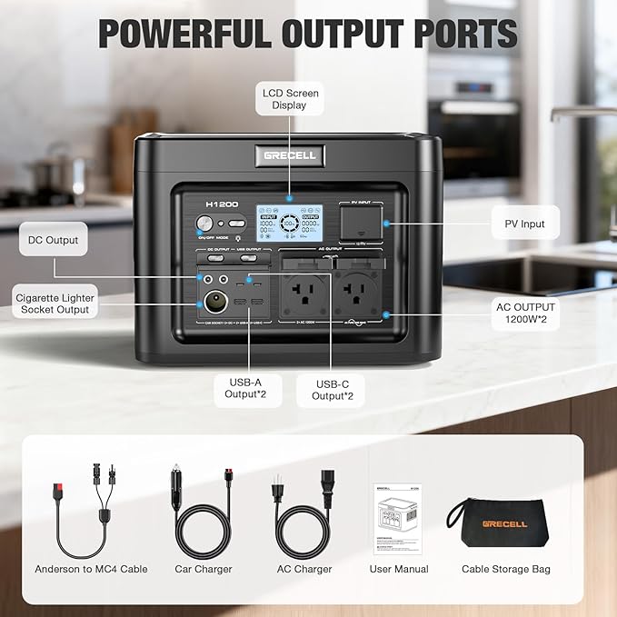 GRECELL H1200 Portable Power Station 1200W, 672Wh LiFePO4 Battery Solar Generator with 10ms UPS, 1200W Solar Power Station, 9 Output Ports for Home Emergency, Outdoor Camping, RV Travel, Laptop TV