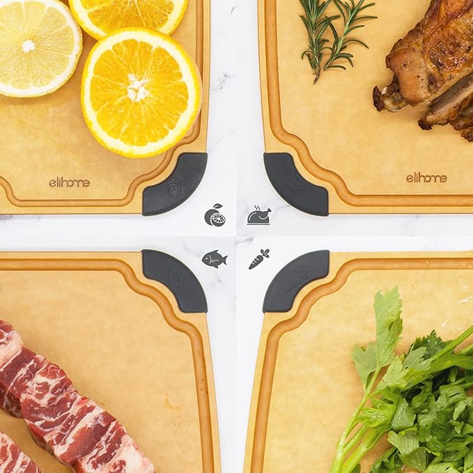 Elihome Essential Series 2-in1 Wood Cutting Board Set for Kitchen, Wooden Board for Chopping Vegetables, Bread, Cheese, Meat, Salad, Bread Board for Countertop, Butcher Block, Non-Slip