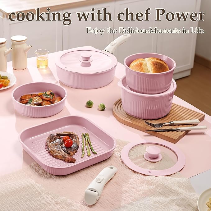 24-Piece Non-Stick Cookware Set with Stackable Storage, Kitchen Collection Including 8-10 Inch Skillets, Casserole Dish, Removable Handle, Utensils, Silicone Mat, Storage Lid (Purple)