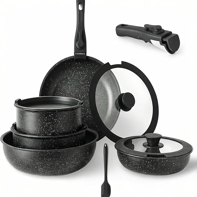 Simple Deluxe 12 Pcs Cookware Set, Non-Stick Pots and Pans Set, with Black Granite Texture and Detachable Handles, Resistant to High Temperatures, Oven Safe, PFAS and PFOA Free, Black