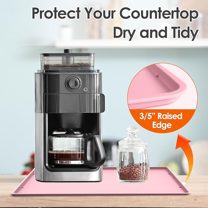 TOHONFOO Silicone Coffee Maker Mat with Lip, 19.7'' x 15'' Heavy Duty Coffee Maker Mat for Countertops, Coffee Tray Fit Under Coffee Machine Appliance Automatic Machines Espresso Accessory, Pink