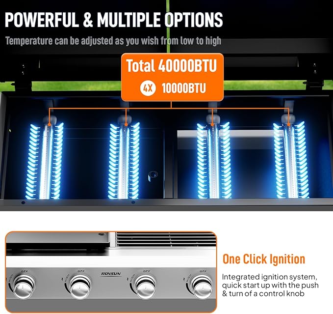 ROVSUN 2-in-1 Propane Gas Grill and Griddle Combo with Lid, 4 Burner Tabletop Flat Top Griddle & Grill with 40000BTU Output, Auto Ignition, Enamel Grate for Outdoor Backyard BBQ Cooking