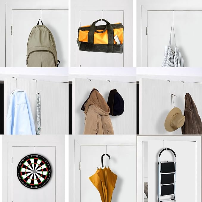Over The Door Hooks, 4 Pack Steel Door Hangers Hook w/Rubber Coating, Fit 0.7''-1.4'' Door Width, Organizer for Living Room, Bedroom, Bathroom, Kitchen Hanging Clothes, Towels, Hat, Bag