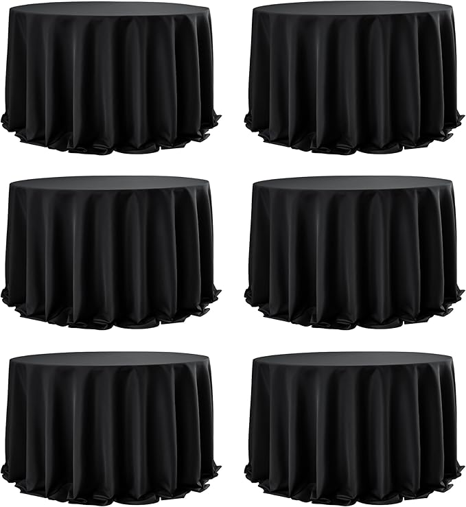 6-Pack Black Round Tablecloths, 132 Inches, Stain-Resistant Polyester for 6-8 Ft Round Tables - Washable Table Covers for Weddings, Banquets, Birthday Parties, Events
