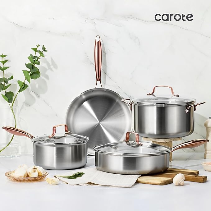 CAROTE 3-Piece Tri-Ply Stainless Steel Frying Pan Set, Skillet Set 8"/10"/12", Induction Compatible, Oven & Dishwasher Safe, Gold Handle