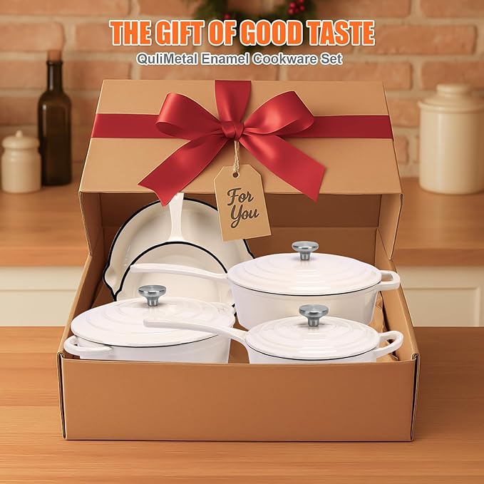 QuliMetal Nonstick Enameled Cast Iron Cookware Set, 5-Piece Pots and Pans Set with Lids, Skillet, Frying Pan, Saucepan & Dutch Oven for All Stovetops, PFOA Free, Ideal for Sourdough Bread Baking