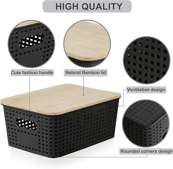 Bagnizer Small Plastic Storage Bins with Bamboo Lids 5.2qt Stackable Box Basket Pantry Decorative Containers Cute with Labels for Organizing Desktop Closet Office Black of 6 packs 10 * 7.2 * 4.1"