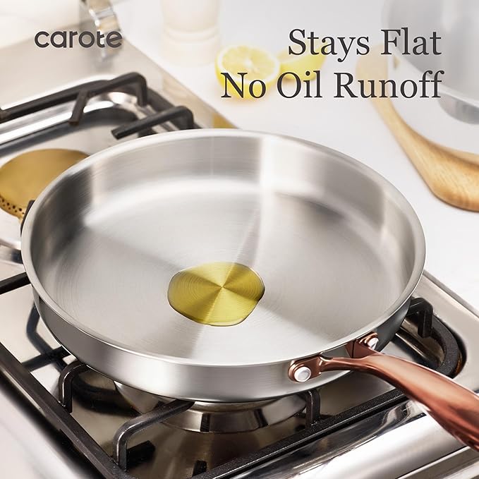 CAROTE 3-Piece Tri-Ply Stainless Steel Frying Pan Set, Skillet Set 8"/10"/12", Induction Compatible, Oven & Dishwasher Safe, Gold Handle