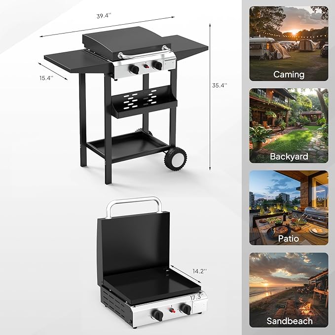 Bonnlo 20000BTU Propane Griddle with Lid and Ignition, Standing Flat Top Gas Grill with Portable Rolling Wheels and Storage Shelf, 2 Burner Camping Cooker for Patio Backyard Outdoor Cooking BBQ