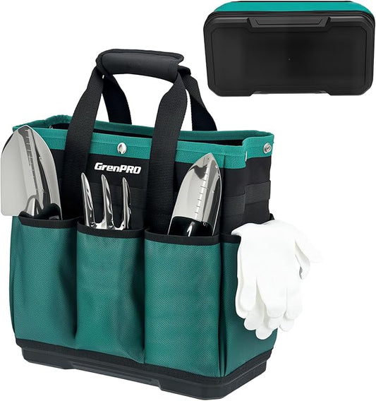 Garden Tool Bag Molded Bottom, Heavy Duty Tool Tote Toolbox with 10 Pockets, Reinforced & Top Snap Closure for Gardening Tools Storage, Dark Green(Tools Not Included)