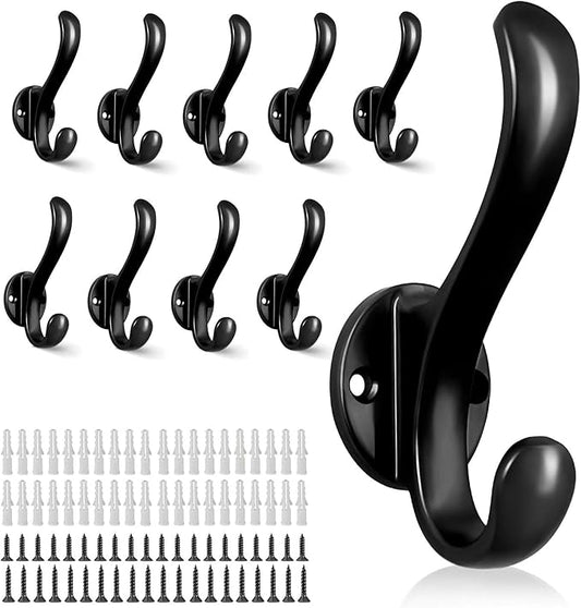 10 Pack Coat Hooks Wall Mount Heavy Duty Utility Retro Double Hooks for Hanging Coats,Hat, Towel, Key, Robe, Scarf, Bag, Cap (Black)