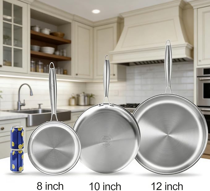 Tri-ply Stainless Steel Frying Pan 10 Inch Skillet for Chef's Cooking Pan Induction Oven Dishwasher Safe, Compatible with All Cooktops Up to 600℉ Come with Kitchen Tongs(Detachable Handle)