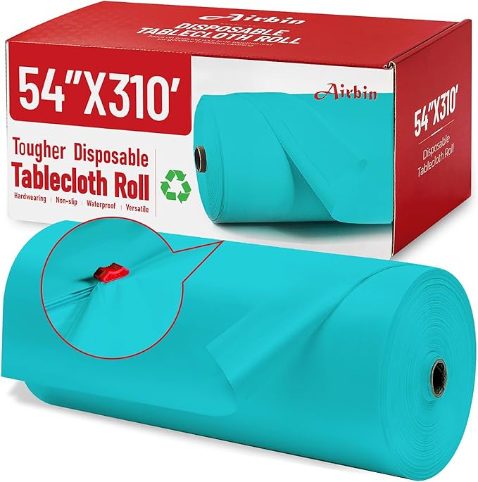 Plastic Table Cloth, 310 Ft X 54 In Disposable Tablecloth Light Blue Tablecloth Premium PEVA Plastic Table Cloth Disposable with Any Cut Sliding Cutters for Picnics, Parties, Birthdays, Festivals