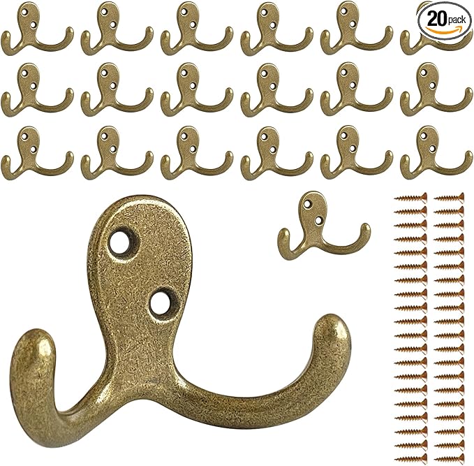 20 Pack Coat Hooks Wall Hooks for Hanging, Heavy Duty Double Prong Metal Hook Wall Mounted for Living Room, Bathroom, Kitchen, Bedroom for Coat, Bag, Scarf, Towel, Hat, Key, Cup (Bronze)