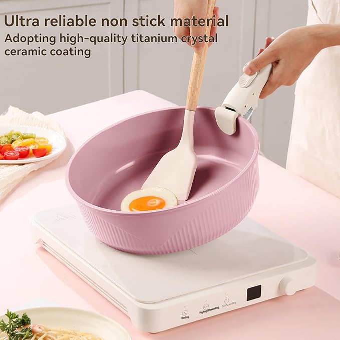 24-Piece Non-Stick Cookware Set with Stackable Storage, Kitchen Collection Including 8-10 Inch Skillets, Casserole Dish, Removable Handle, Utensils, Silicone Mat, Storage Lid (Purple)