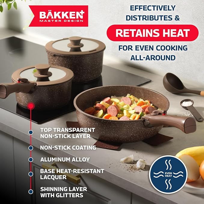 Bakken Master 38 Piece Granite Cookware and Bakeware Set – Nonstick Granite Coating, Pots and Pans with Detachable Handles and Tempered Glass Lids, 6-piece Bakeware set, 12-piece Mixing Bowls,Brown