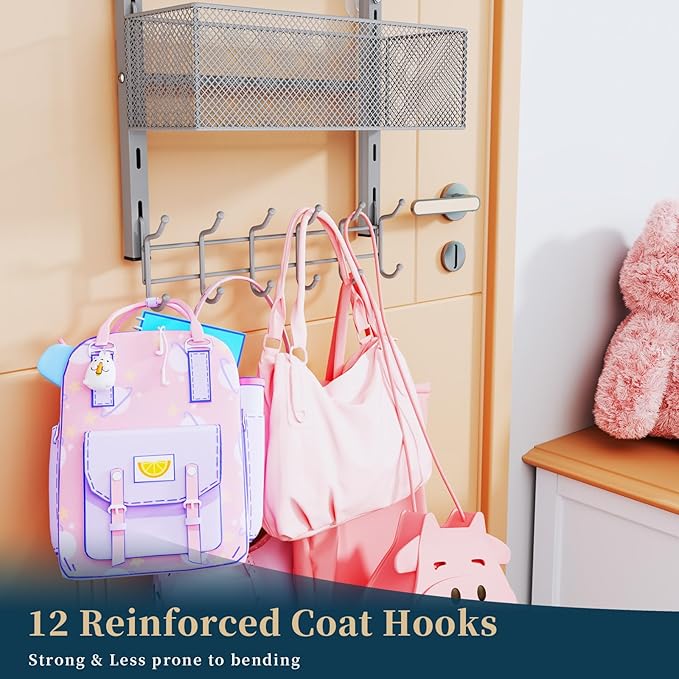 Consumest Over The Door Hooks Organizer - 4 Tier Door Coat Rack with 3 Baskets and 12 Hooks, Stainless Steel Towel Hanger for Bedroom, Bathroom, Living Room, Silver