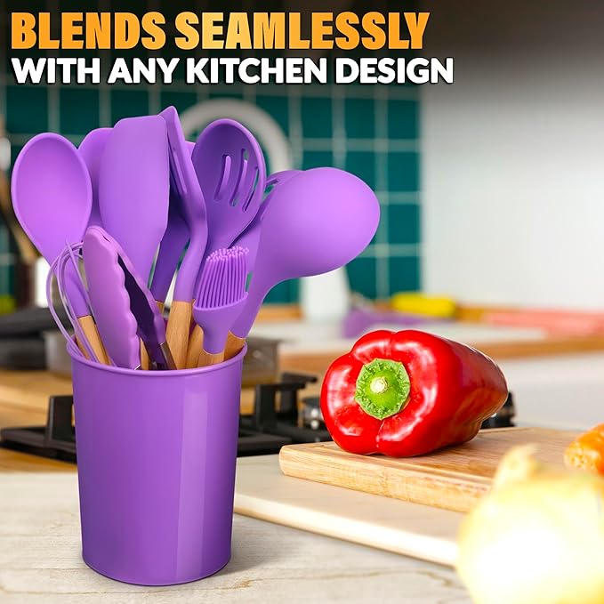12 Pcs Purple Kitchen Utensils Set with Holder for Nonstick Cookware - Silicone Cooking Utensils Set, Kitchen Tools for Daily Cooking - Wooden Handle Cooking Tools for Baking Serving and Mixing Tasks