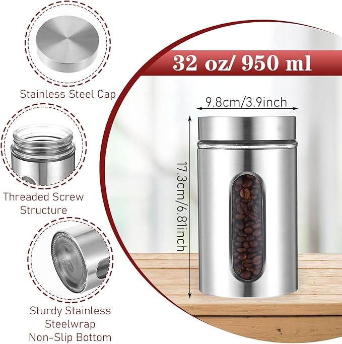 3 Pack Large Kitchen Canisters Set Airtight Coffee Sugar Tea Candy Storage Jars with Window Glass Stainless Steel Containers with Lids for Flour Cookies Spices Grains Kitchen Decorations(32 oz)
