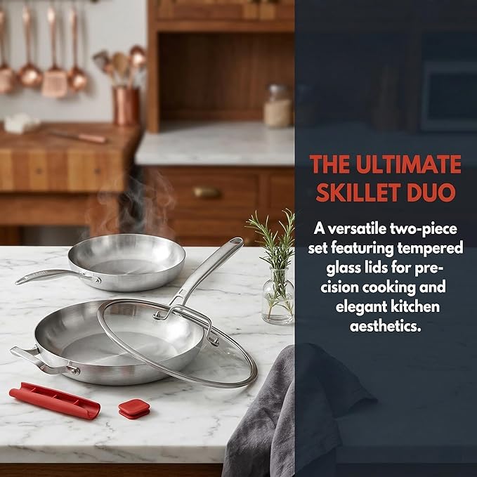 Inqibee Tri-Ply Stainless Steel Frying Pans Set, 12 Inch Stainless Steel Skillet, 14 Inch Large Fry Pan with Helper Handle and Lid, Induction Compatible, Oven & Dishwasher Safe, Detachable Handle