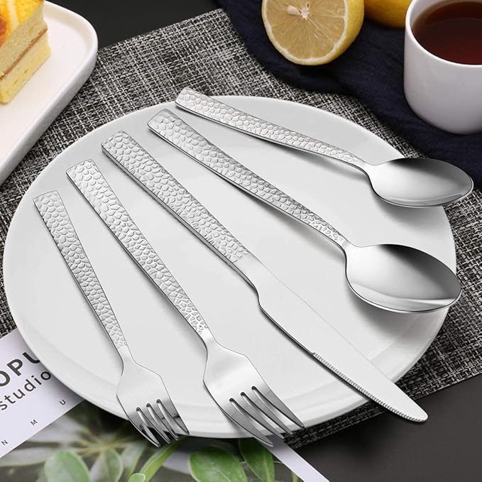 E-far 10-Piece Hammered Silverware Set, Stainless Steel Square Flatware Set Service for 2, Tableware Cutlery Set Includes Forks Spoons Knives, Modern Design & Mirror Polished - Dishwasher Safe