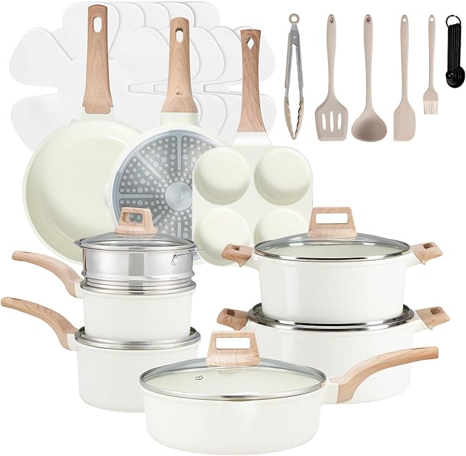 NEWBULIG 25-Piece Nonstick Cookware Set, Granite Pots and Pans with Lids, Induction Compatible Nonstick Cooking Set with Frying Pans & Saucepans, Cream White