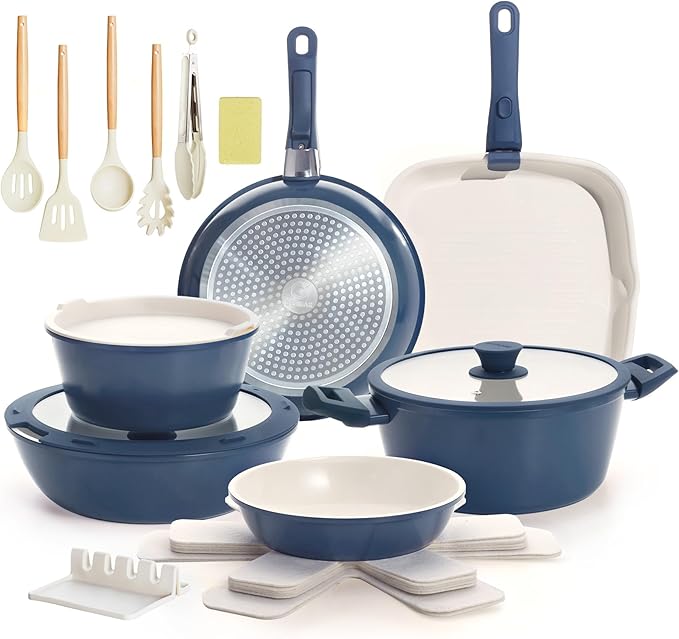 BECIGAR 23pcs Ceramic Pots and Pans Set, Nonstick Detachable Handle Cookware, Induction Kitchen Cooking Set with Removable Handle,include Frying Pans & Saucepans Oven Safe(Blue)