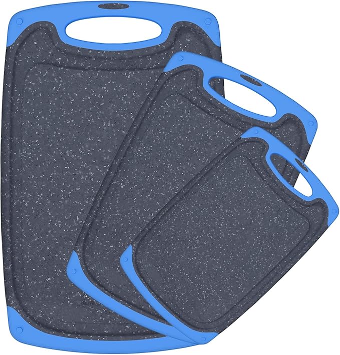 Viretang Non Slip Cutting Board, 3 Pieces Dishwasher Safe Cutting Boards with Juice Grooves, Easy Grip Handle, Non-Slip, with Grinding Area for Grinding Garlic and Ginger（blue）