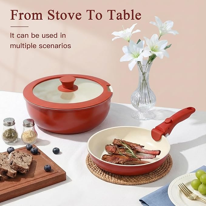 GIPP 11PCS Ceramic Pots and Pans Set Non Stick, Nonstick Cookware Set Detachable Handle, Red Black Gradien Pots and Pans Induction Kitchen Cooking Sets, RV Cookware Sets for All Stoves