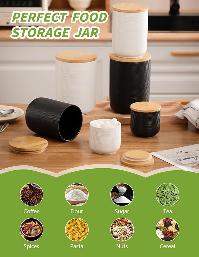 Ceramic Canister with Airtight Seal Lid, Kitchen Canisters for Countertop, Black Food Storage Jar for Flour, Coffee Bean, Sugar, Tea, Spices and More, Home Decor (800ml/27.05oz)