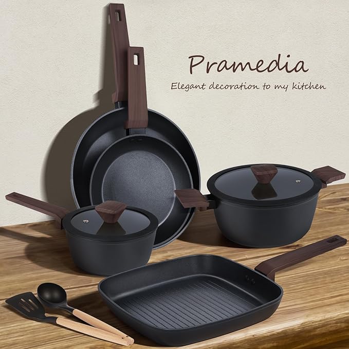 9Pcs Pots and Pans Set Nonstick,Induction Cookware Set Kitchen Cooking Sets,Healthy Non-Toxic Pots and Pan set,Non Stick with Grill Pan& Stay-Cool Handles (PFOS, PFOA Free),Black