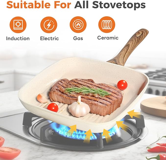Sweetcrispy Nonstick Grill Pans Set, 3 Piece Square Frying Pan Skillet Set with Stay Cool Handle & PFOA Free, Compatible with All Stovetops (9.5" 10" 11") Beige