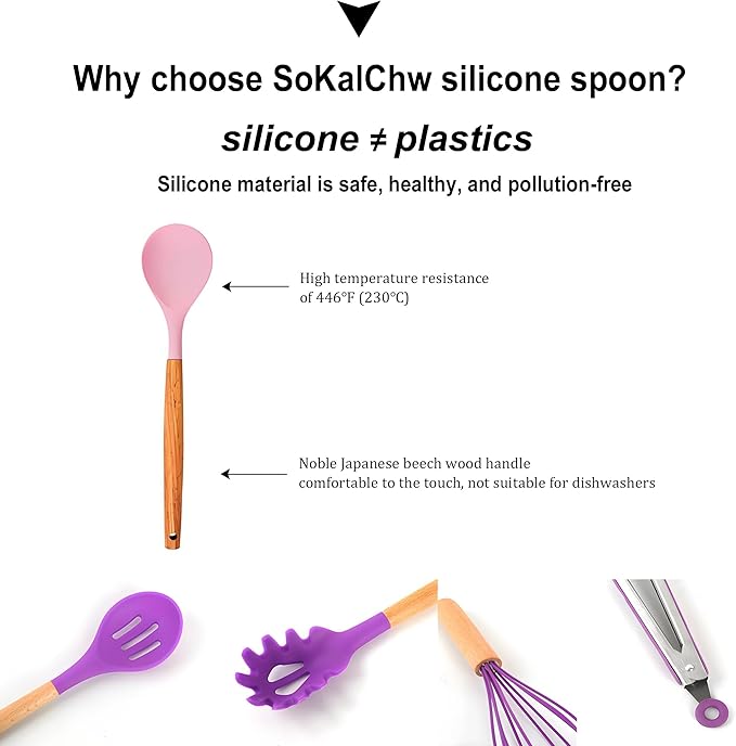 Kitchen Silicone Cooking Utensil Set with Wooden Handles Holder, Great for Cooking, Mixing, Scoop, Scrape, Non stick Heat Resistant (Purple -12pcs Sets)