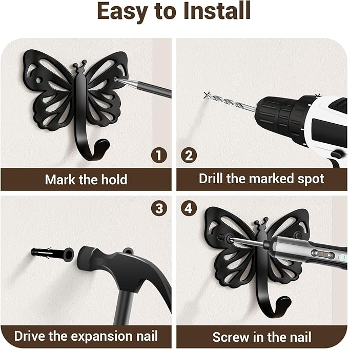 Butterfly Coat Hooks For Wall,Heavy Duty 20LB Black Coat Hooks & Towel Hooks,Metal Wall Mount Hangers for Bathroom,Living Room,Kitchen - for Hanging Coat,Hat,Key,Bag,Robe,Scarf,Dog Leash,6 Pack