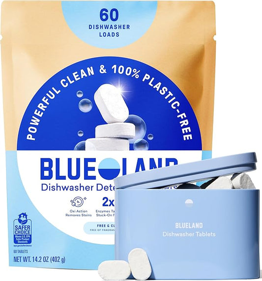BLUELAND 100% Plastic-Free Dishwasher Detergent Tablets, Starter Set, 60 Count with tin, Free & Clear, Eco-Friendly Dishwashing Pods, Natural, USDA Certified biobased
