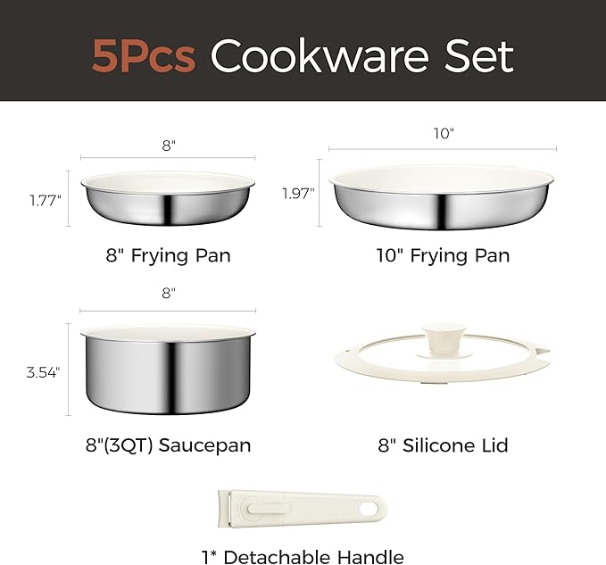 5pcs Nonstick Cookware Set, Diamond-Titanium Ceramic Coating & 3 Layer Stainless Steel Pots and Pans Set with Detachable Handle, Dishwasher Safe, Induction Compatible, Oven Safe, White