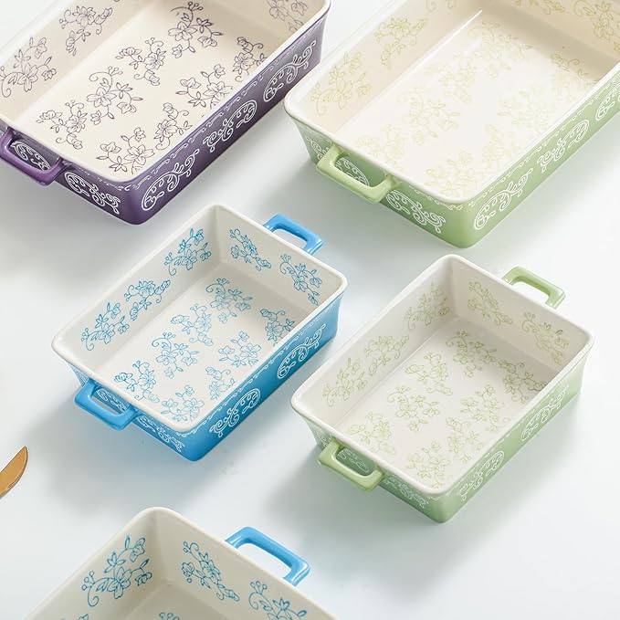 Domini Casserole Dishes for Oven, Ceramic Baking Dishes for Oven Set of 2, Lasagna Pan Deep, Baking Pan Set Square Casserole Dish Set with Handles for Baking, Pattern Purple(11.4+8.5inch)